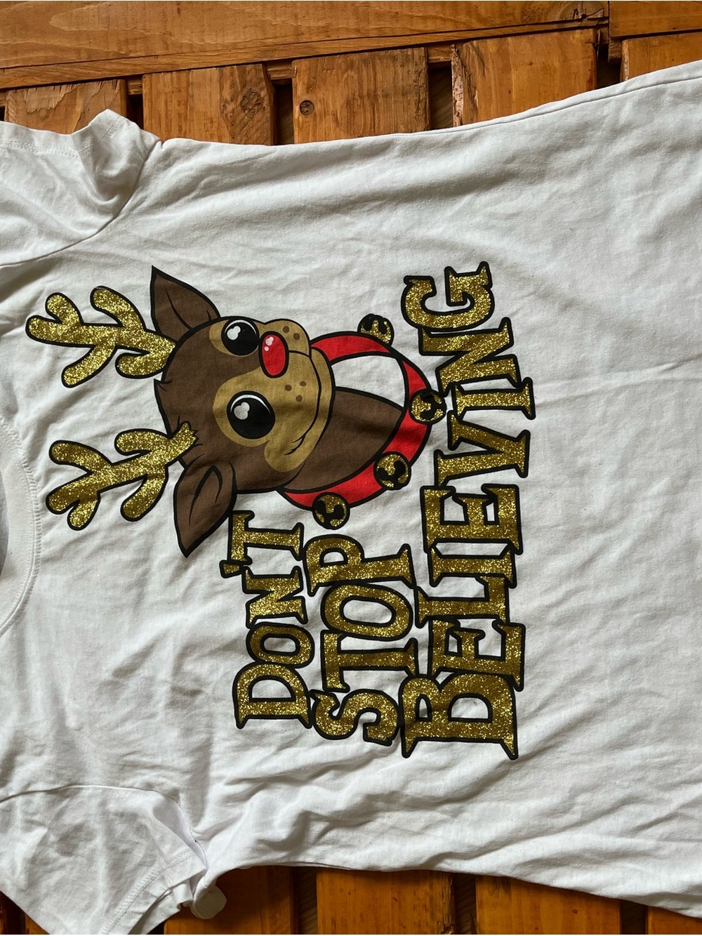 Don't Stop Believing Reindeer Graphic Kids Tee - White